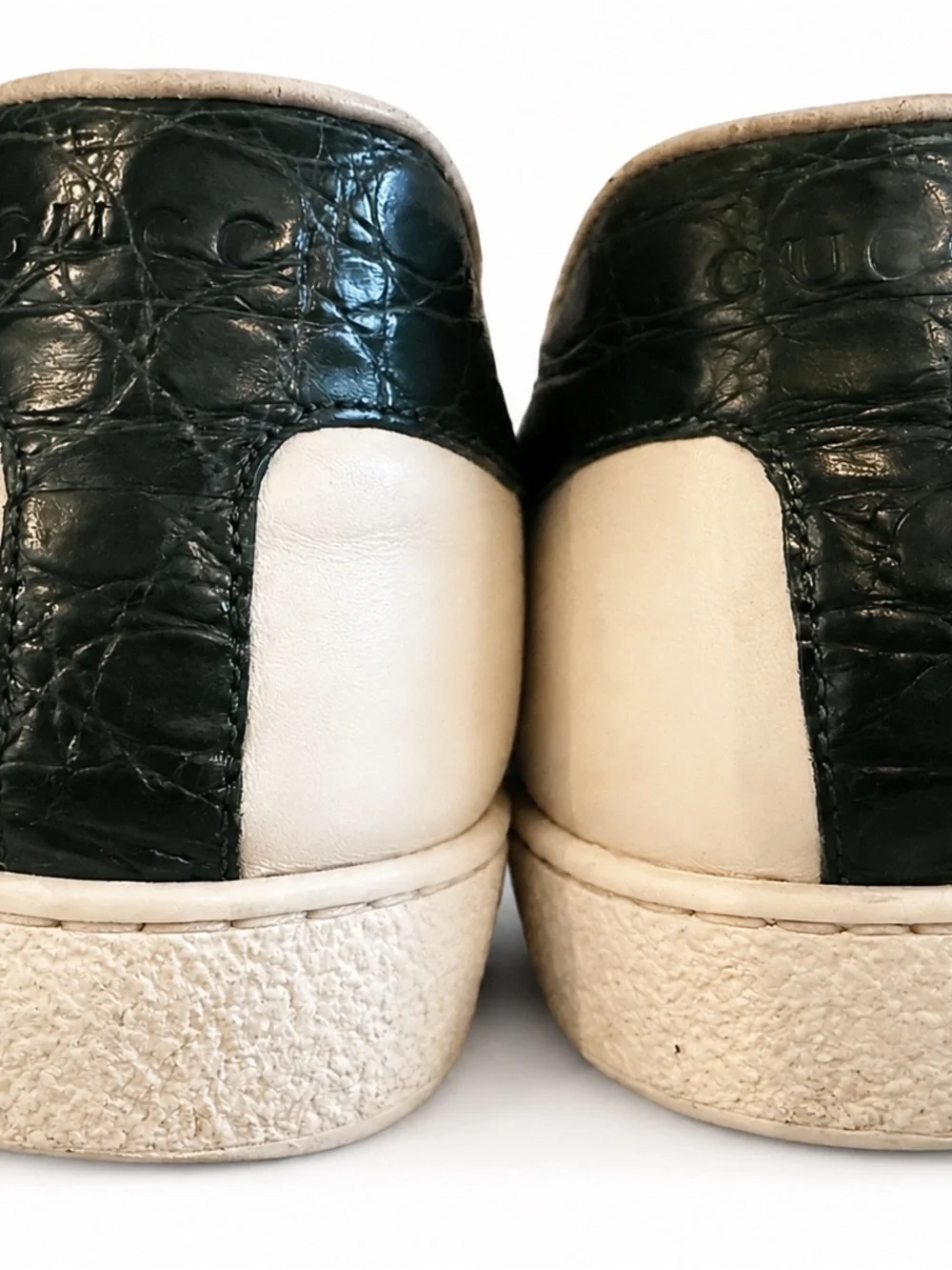 Gucci Ace Web Stripe Leather Sneakers Green Croc Heel Size 12